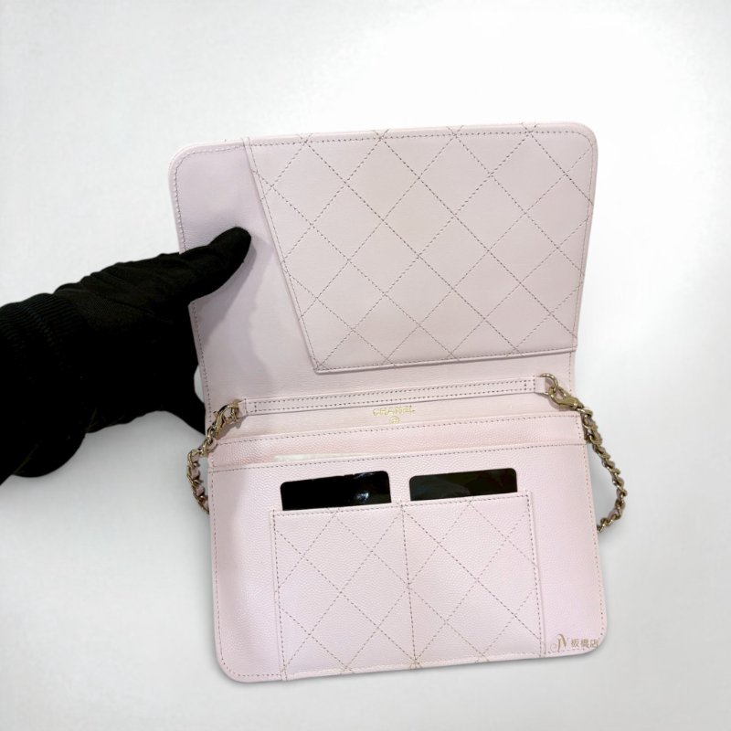 CHANEL包包 淡粉色荔枝皮金釦鏈帶翻蓋練包AP2595-5