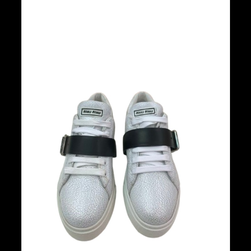 Miu Miu 白色裂紋皮革球鞋 配黑飾帶 38碼-1