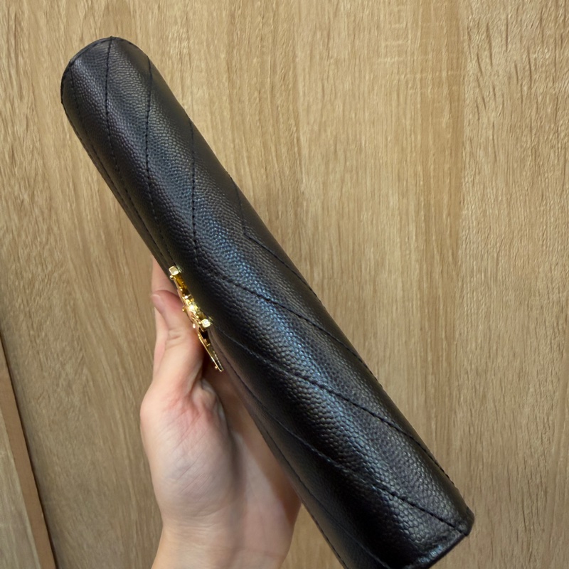 YSL 黑魚子醬牛皮金釦下蓋長夾-4