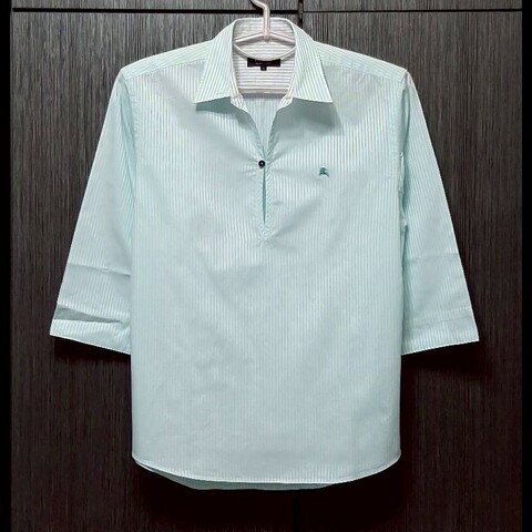 絕版BURBERRY 博柏利 BLACK LABEL 黑標 戰馬 男綠白條紋半開襟七分袖襯衫2號