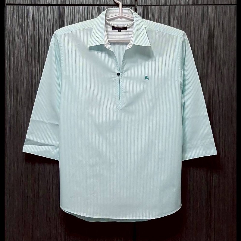 絕版BURBERRY 博柏利 BLACK LABEL 黑標 戰馬 男綠白條紋半開襟七分袖襯衫2號-0