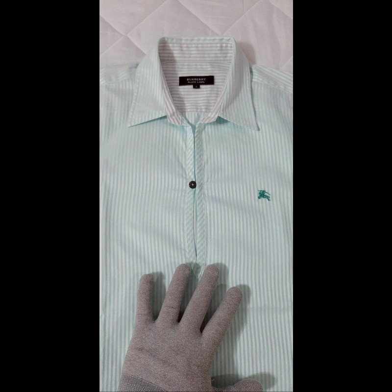 絕版BURBERRY 博柏利 BLACK LABEL 黑標 戰馬 男綠白條紋半開襟七分袖襯衫2號-2