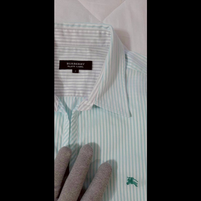 絕版BURBERRY 博柏利 BLACK LABEL 黑標 戰馬 男綠白條紋半開襟七分袖襯衫2號-6