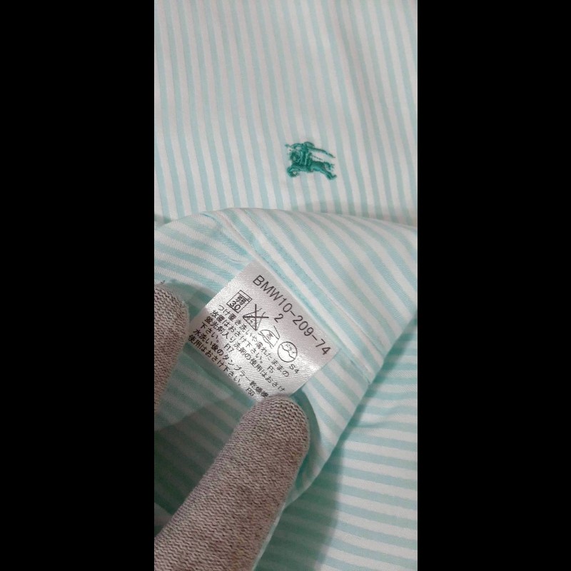 絕版BURBERRY 博柏利 BLACK LABEL 黑標 戰馬 男綠白條紋半開襟七分袖襯衫2號-7