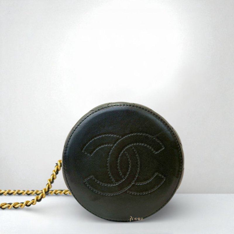 Chanel 黑色羊皮菱格圓桶金鍊肩背包AS2735-4