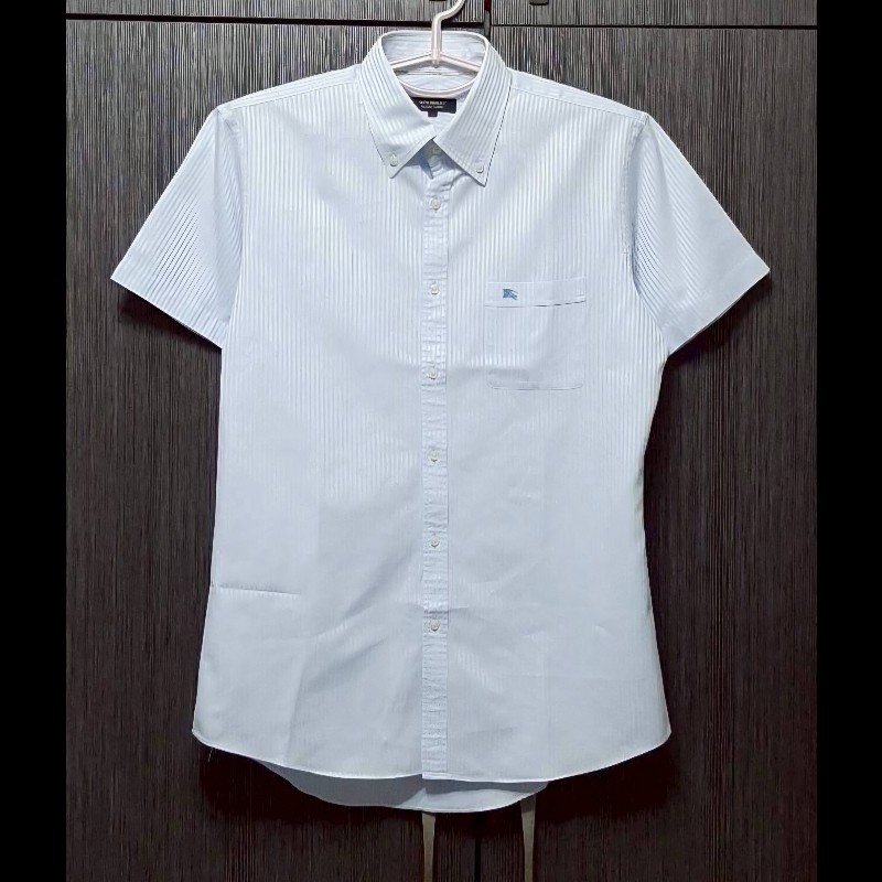 絕版BURBERRY 博柏利 BLACK LABEL 黑標 戰馬 男銀白藍條紋短袖襯衫L-0