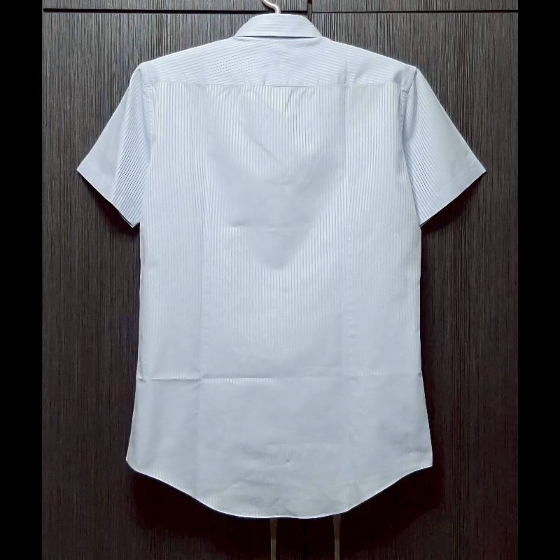 絕版BURBERRY 博柏利 BLACK LABEL 黑標 戰馬 男銀白藍條紋短袖襯衫L-1