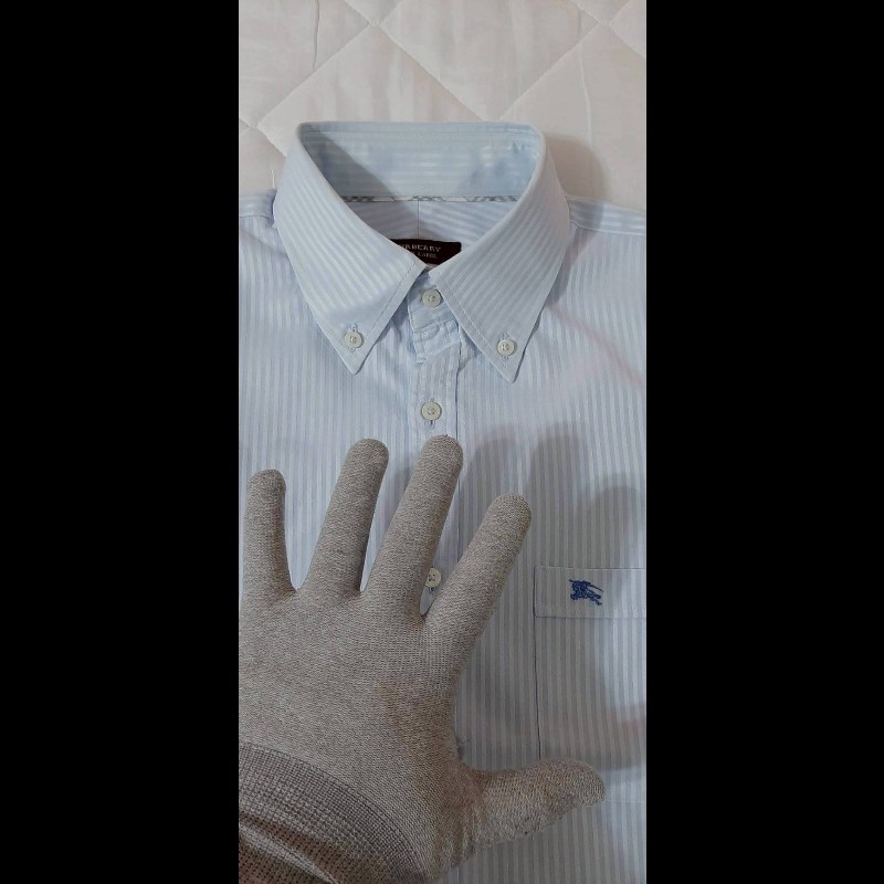 絕版BURBERRY 博柏利 BLACK LABEL 黑標 戰馬 男銀白藍條紋短袖襯衫L-2