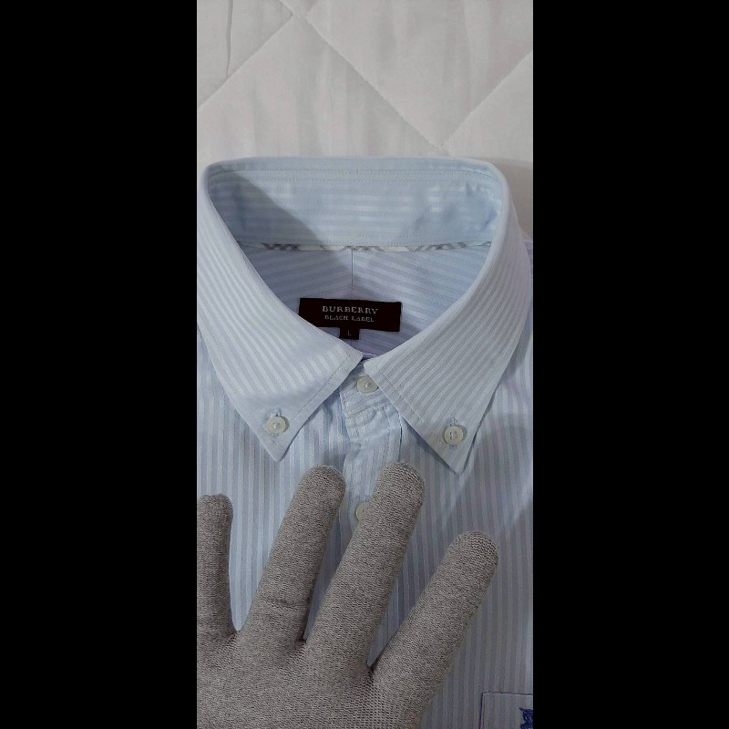 絕版BURBERRY 博柏利 BLACK LABEL 黑標 戰馬 男銀白藍條紋短袖襯衫L-6