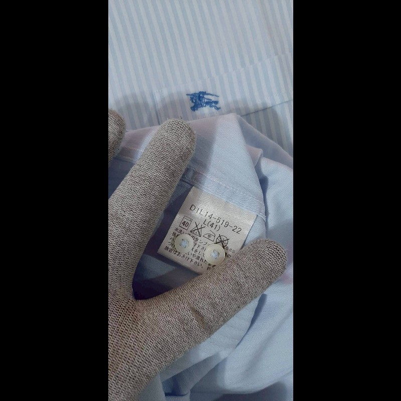 絕版BURBERRY 博柏利 BLACK LABEL 黑標 戰馬 男銀白藍條紋短袖襯衫L-7