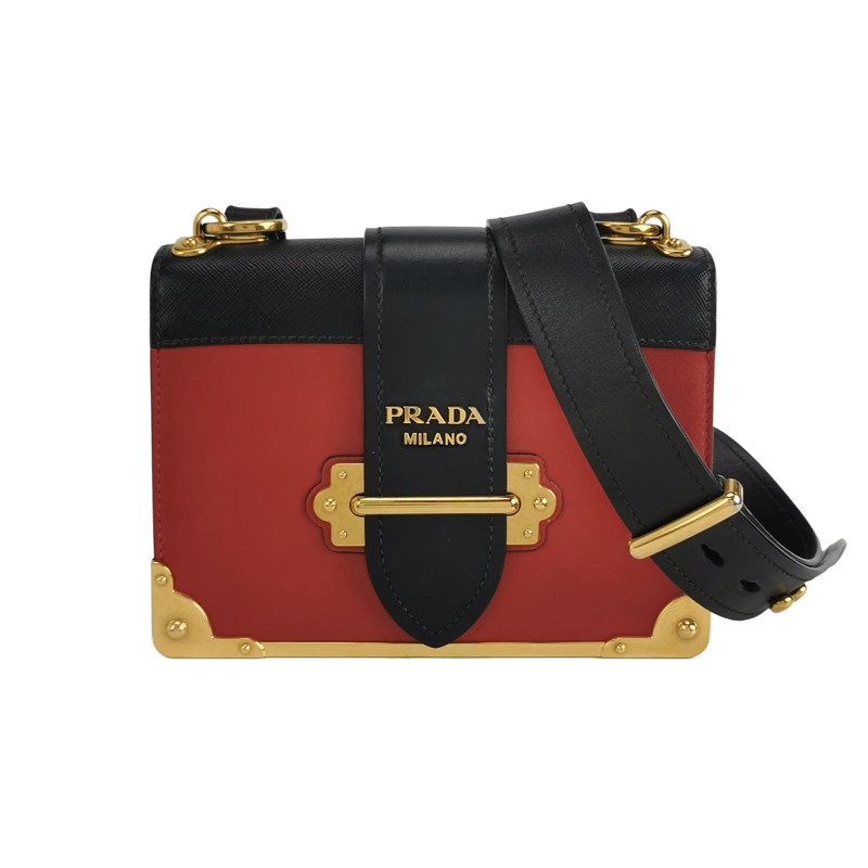 Prada Cahier牛皮撞色字母logo插扣斜挎包單肩包-0