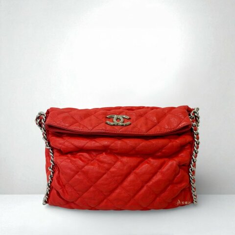 CHANEL紅色牛皮銀釦粗練肩背包