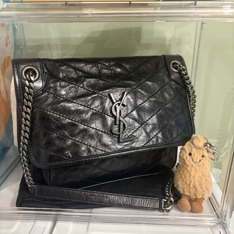 YSL niki 新款D扣 中號 斜背 側背包 黑銀-0