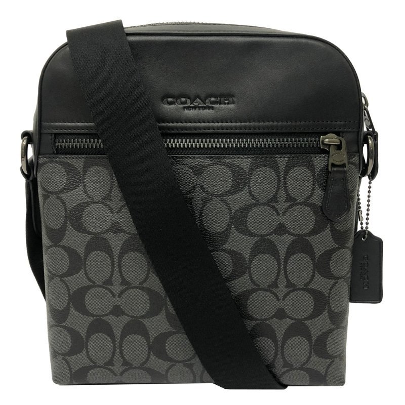 【全新】COACH C LOGO前拉鍊男款斜背包(黑灰)-0