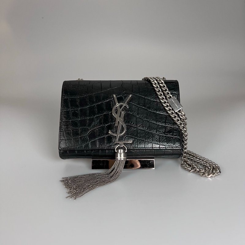 YSL 354120  黑鱷魚壓紋KATE銀鍊包-0