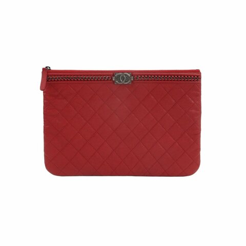 Chanel Boy Bag牛皮純色菱格絎縫方形雙C鎖扣手拿包