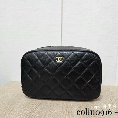 [化妝品的家❣️] Chanel黑金菱格霧金釦拉鏈化妝包