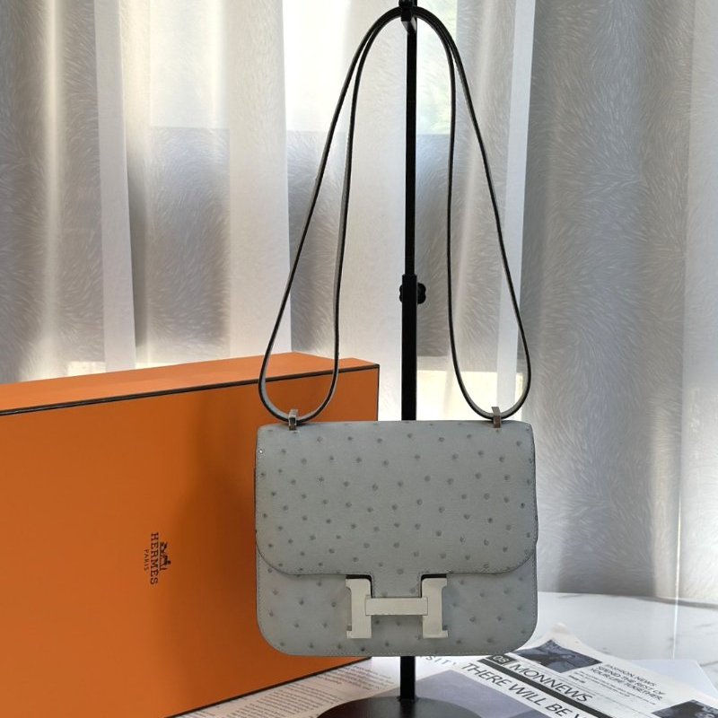 HERMES Mini constance 19 - 鴕鳥皮冰川藍銀 W-0