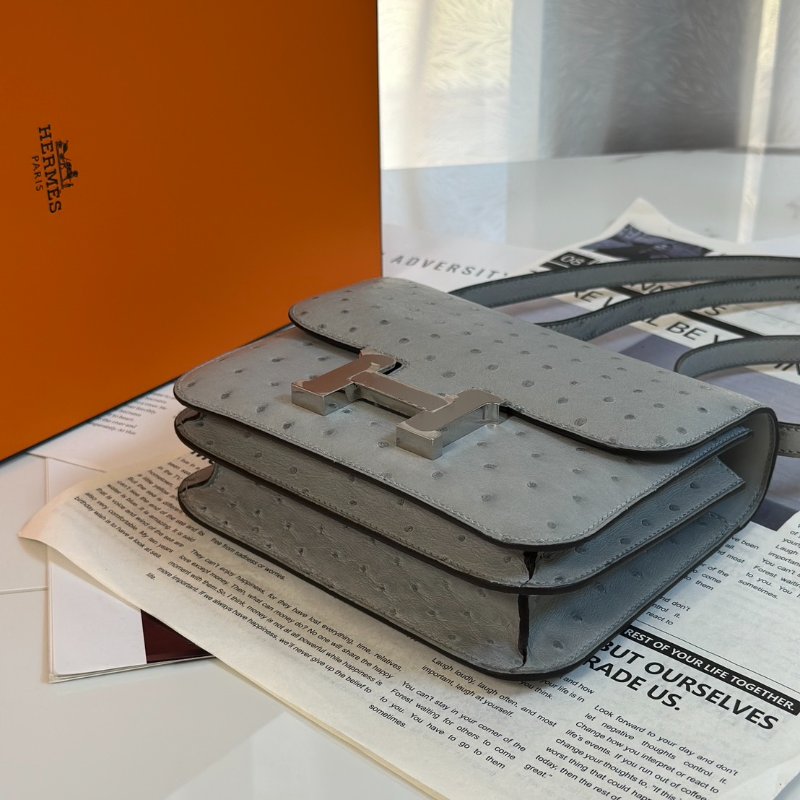 HERMES Mini constance 19 - 鴕鳥皮冰川藍銀 W-5