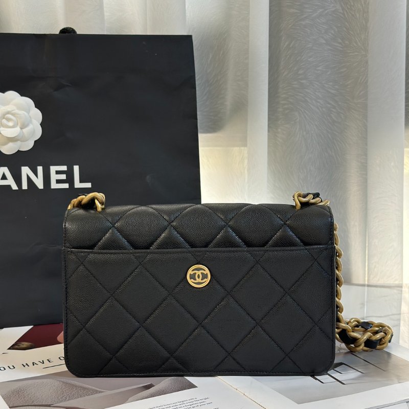 CHANEL 24A大雙C粒面牛皮口蓋包 - 黑金-4