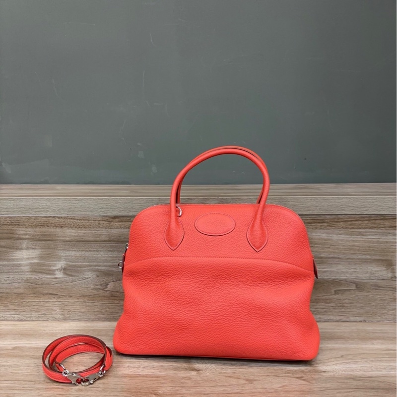 近新閒置 9.9成新 愛馬仕Hermès Bolide 手提/肩背包 紅橘色 銀扣 附背帶 R刻-0