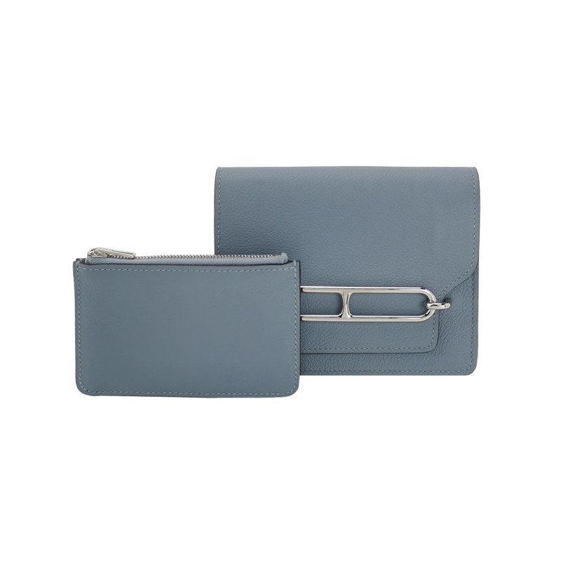 Hermes Roulis Slim豬鼻子子母包錢包Evercolor牛皮銀扣8U冰川藍U刻-0