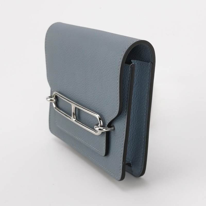 Hermes Roulis Slim豬鼻子子母包錢包Evercolor牛皮銀扣8U冰川藍U刻-2