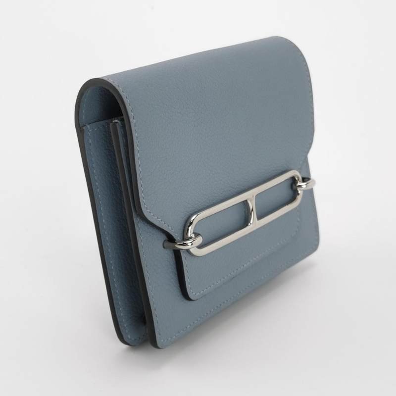 Hermes Roulis Slim豬鼻子子母包錢包Evercolor牛皮銀扣8U冰川藍U刻-3