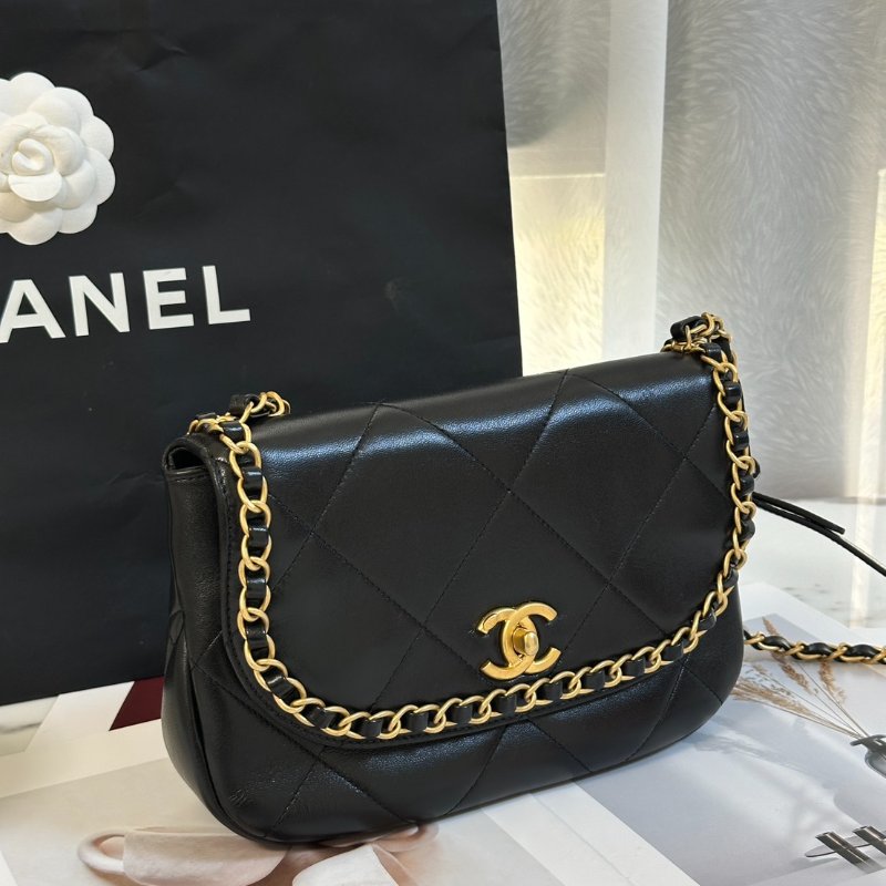 CHANEL 25P皮穿鍊滾邊口蓋包 - 黑金-1