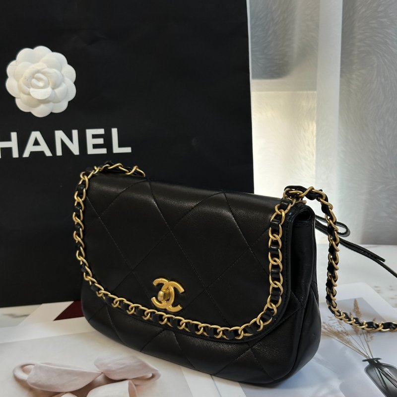 CHANEL 25P皮穿鍊滾邊口蓋包 - 黑金-2