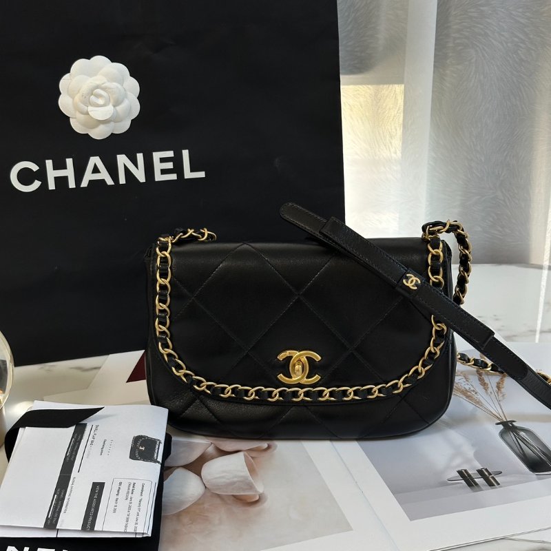 CHANEL 25P皮穿鍊滾邊口蓋包 - 黑金-6