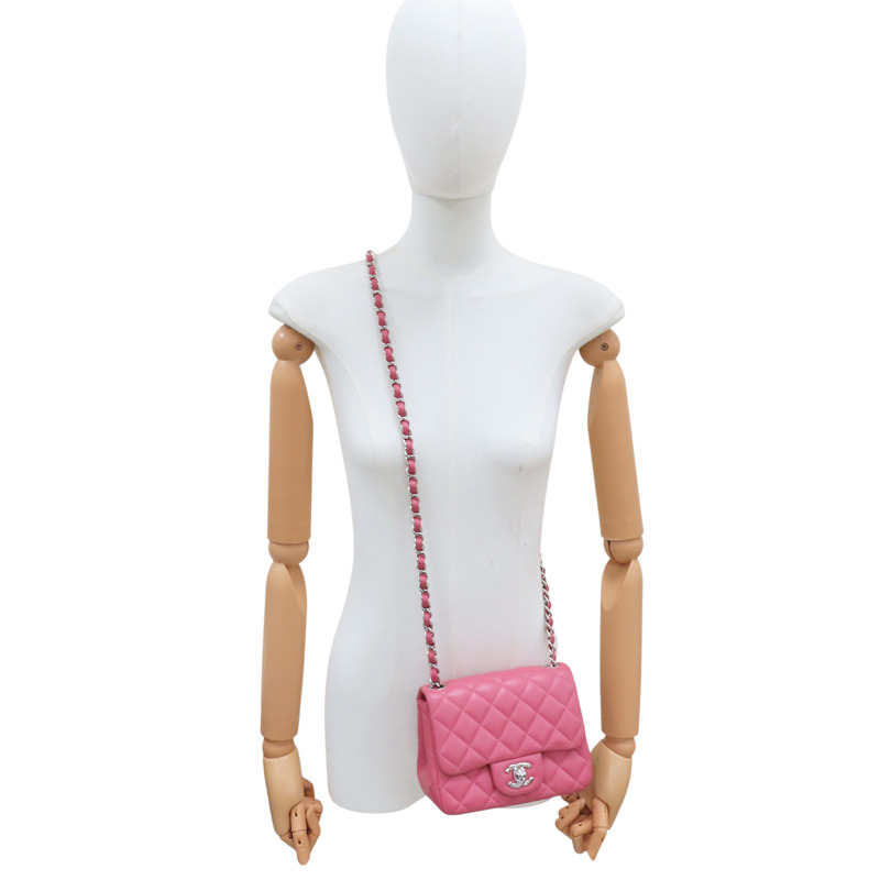 粉色 羊皮 Mini Coco 17 鏈帶肩背包 銀釦【HERMES 愛馬仕】 A35200-9