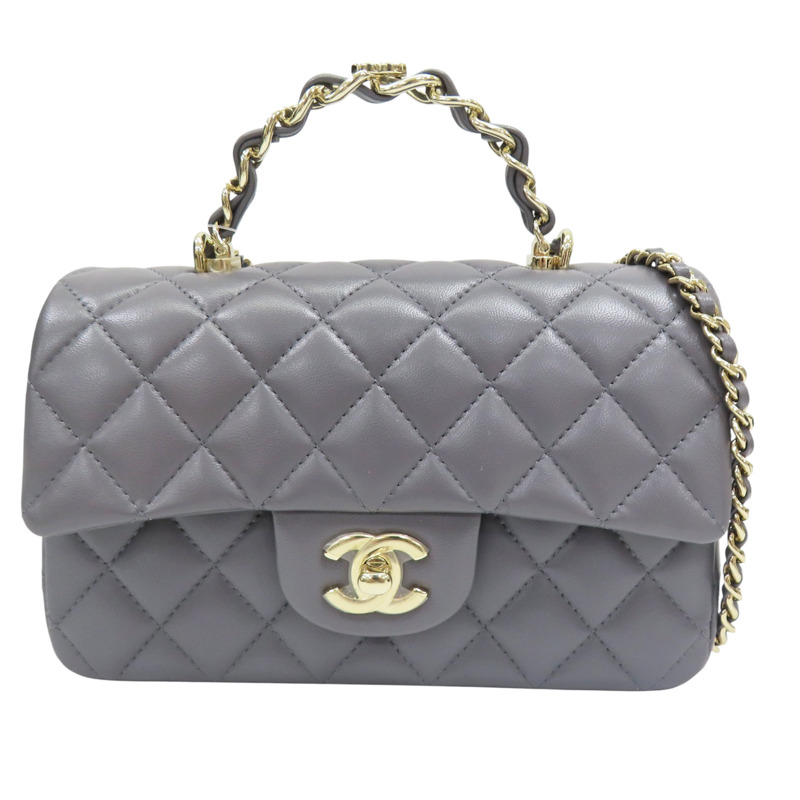 灰色 羊皮 鏈帶肩背包 淡金釦【CHANEL 香奈兒】 AS2431-0