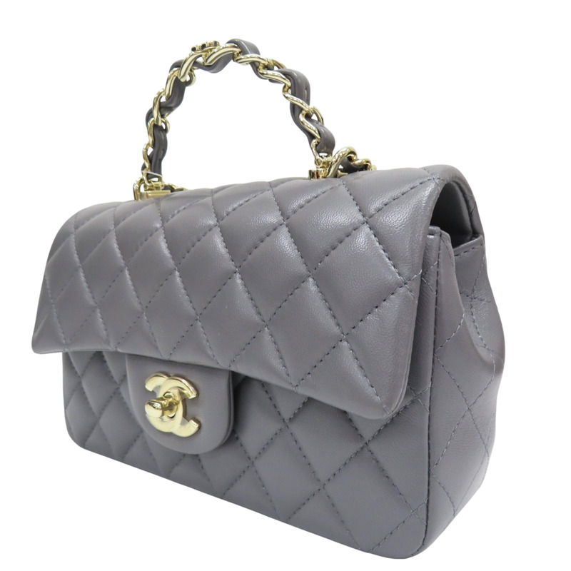 灰色 羊皮 鏈帶肩背包 淡金釦【CHANEL 香奈兒】 AS2431-2