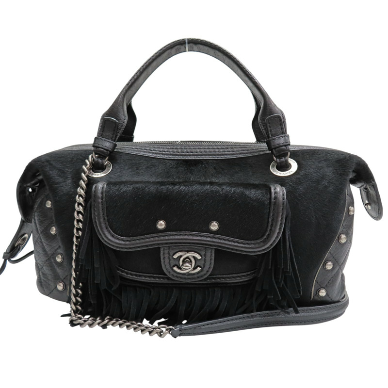 黑色 馬毛 牛皮飾邊 肩背包【CHANEL 香奈兒】-0