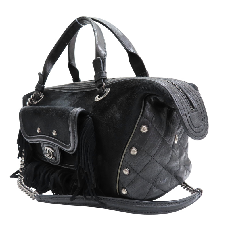 黑色 馬毛 牛皮飾邊 肩背包【CHANEL 香奈兒】-2