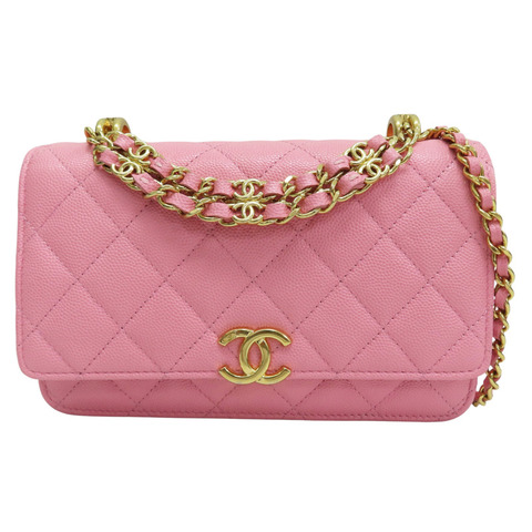 粉紅色 菱格紋 荔枝牛皮 WOC 鏈帶肩背包 金釦【CHANEL 香奈兒】 AP3021