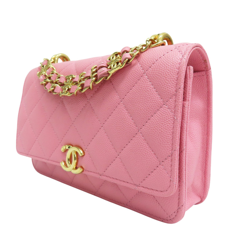 粉紅色 菱格紋 荔枝牛皮 WOC 鏈帶肩背包 金釦【CHANEL 香奈兒】 AP3021-2