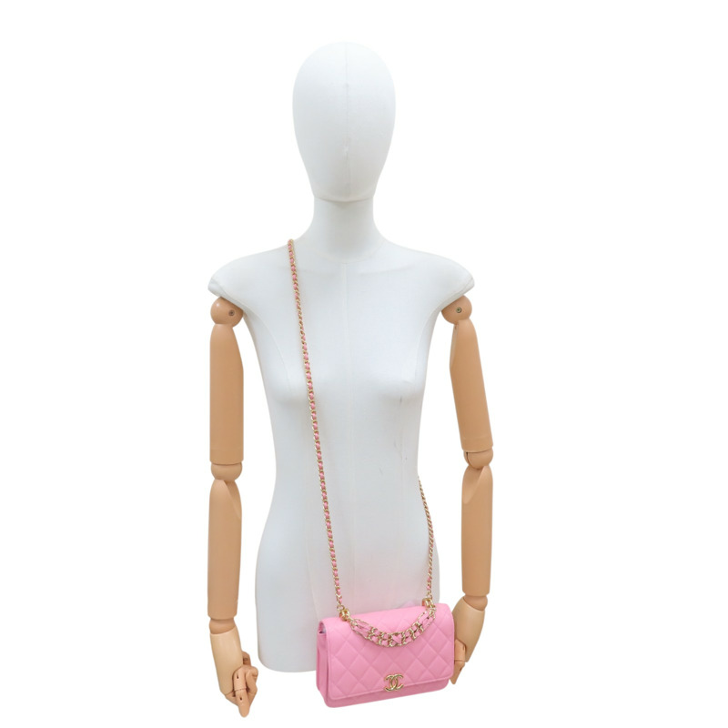 粉紅色 菱格紋 荔枝牛皮 WOC 鏈帶肩背包 金釦【CHANEL 香奈兒】 AP3021-8