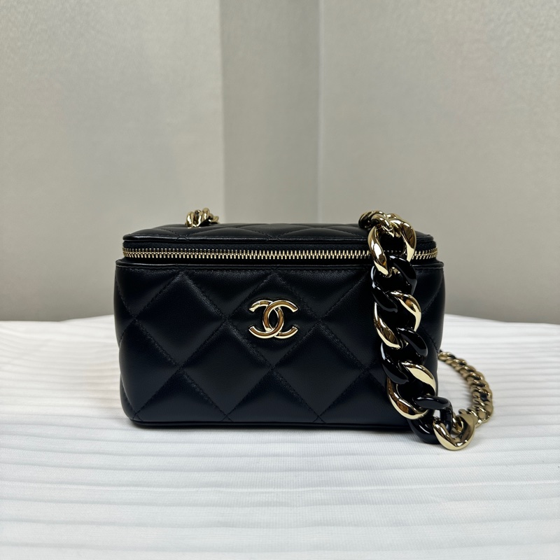 香奈兒/Chanel Vanity Case 黑色羊皮菱格紋長盒子斜背包 17x9.5x8cm-8