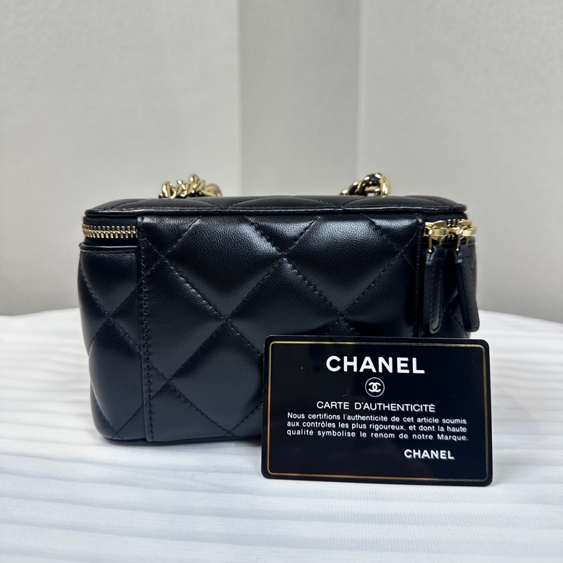 香奈兒/Chanel Vanity Case 黑色羊皮菱格紋長盒子斜背包 17x9.5x8cm-9