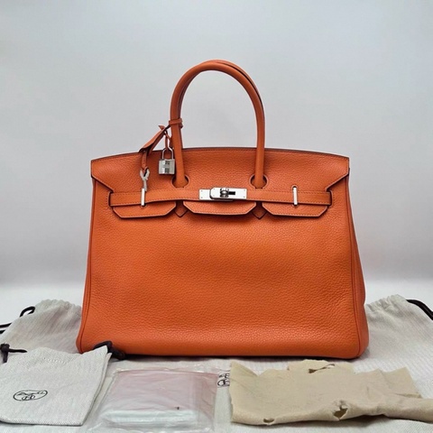 HERMES/ 愛馬仕火焰橙銀扣Birkin 35手拿包