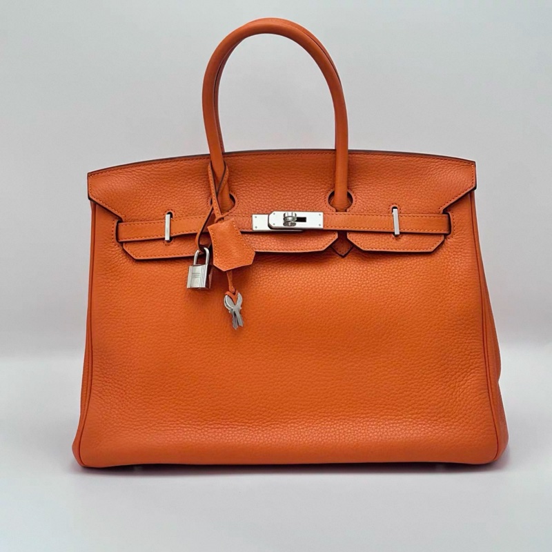 HERMES/ 愛馬仕火焰橙銀扣Birkin 35手拿包-1