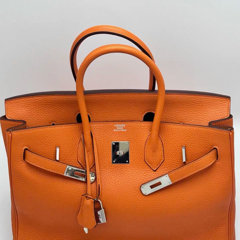 HERMES/ 愛馬仕火焰橙銀扣Birkin 35手拿包-2
