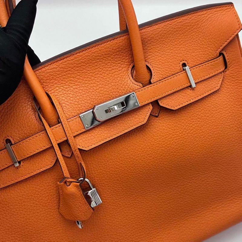 HERMES/ 愛馬仕火焰橙銀扣Birkin 35手拿包-18