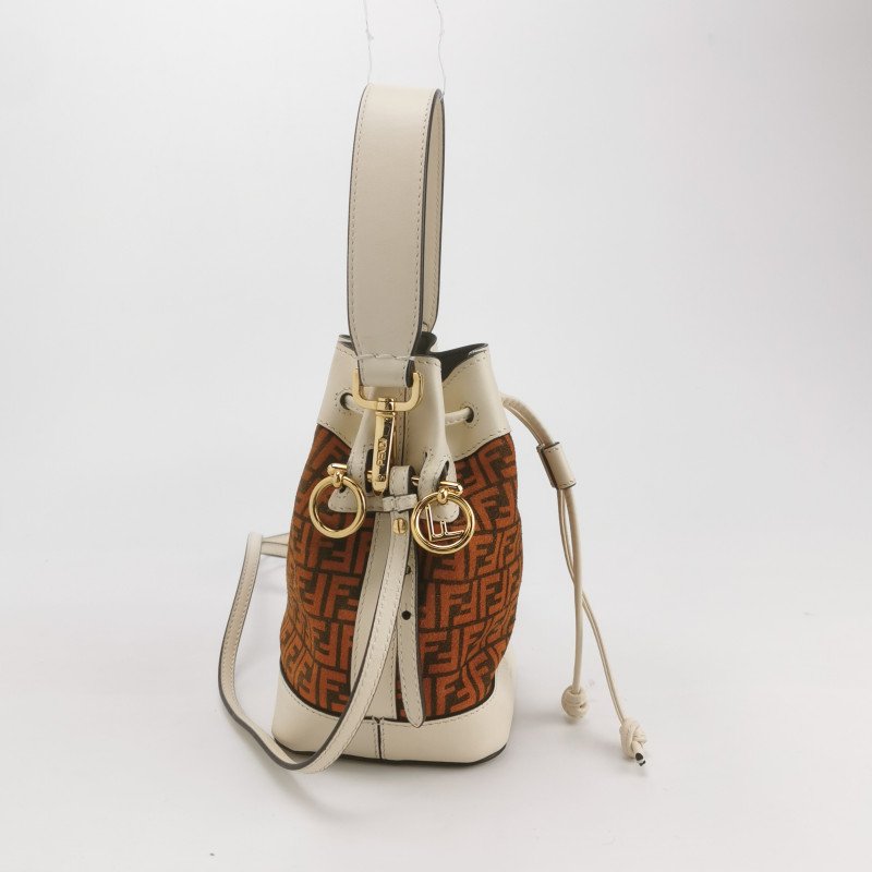 Fendi MonTresor迷你牛皮翻毛皮雙F老花抽繩斜挎包單肩包-3