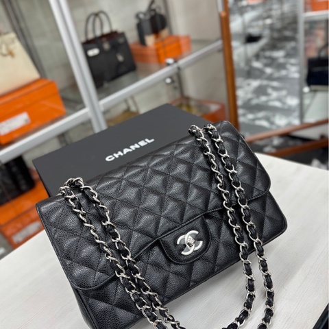 【閒置新】 Chanel 黑銀荔枝牛皮 雙蓋Jumbo 單肩包