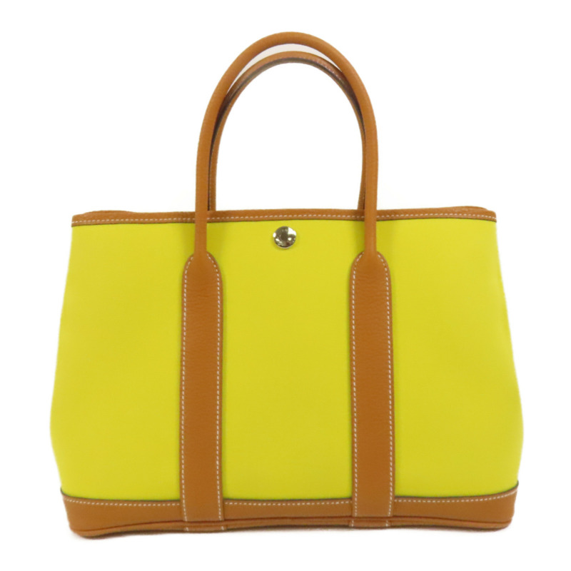 HERMES 帆布Garden Party TPM銀扣手挽袋Lime-0