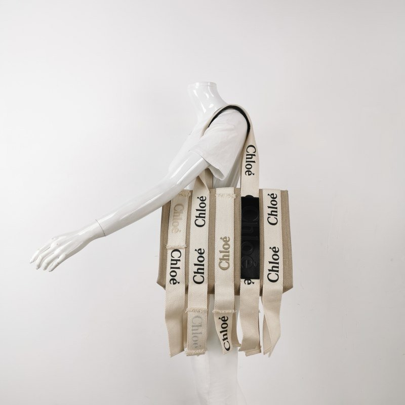 Chloe Woody中號牛皮帆布徽標緞帶單肩包-1