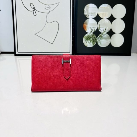 超值 愛馬仕 Hermès Béarn 紅色銀扣 長夾｜經典H扣｜俐落耐看 T 刻